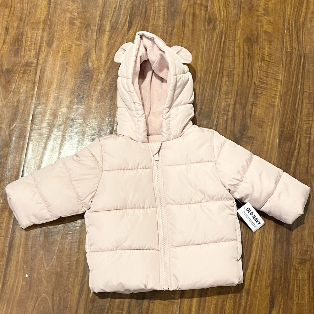 Old Navy Baby Puffer Coat Blush Pink Bear Ear Hood Size 3-6 Months Fleece Lined